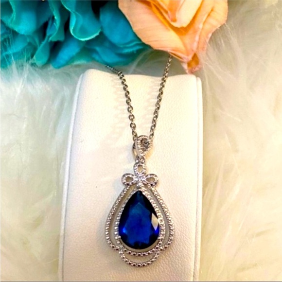 Jewelry - Sapphire Gemstone & Micro Pave Diamond Pendant Necklace With Silver Chain NEW!